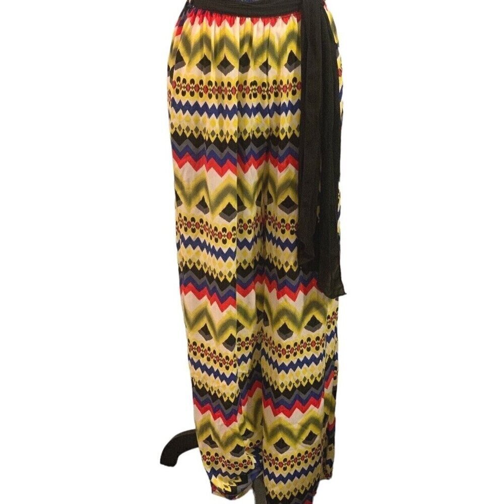 The Hangers Womens Palazzo Pants Size L/G Boho Geometric Print Multicolor Belt